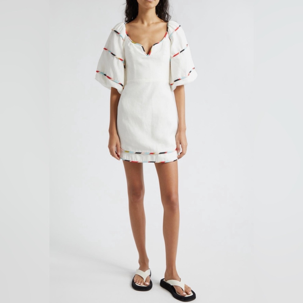 NWT Farm Rio Stripe Trim Puff Sleeve Linen Mini Dress